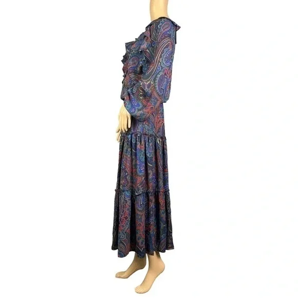 NWT Lauren Ralph Lauren Paisley Georgette Long Sleeve Dress Navy Multi Size 4 - Picture 2 of 10